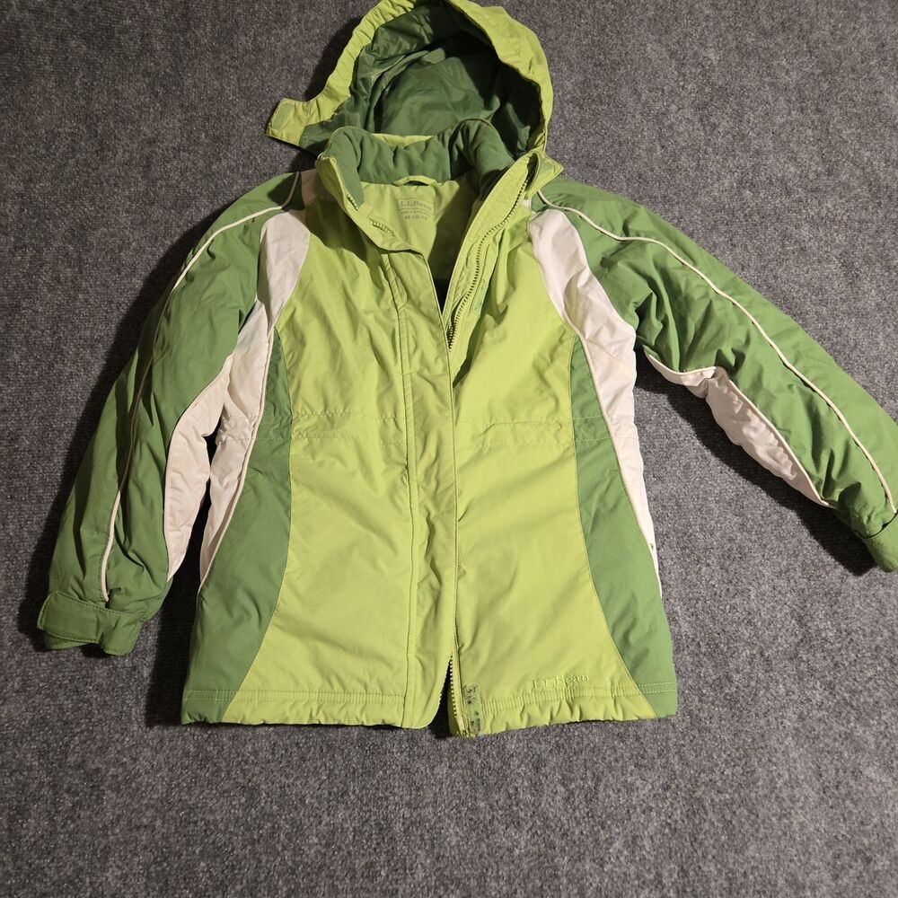 LL Bean Hooded Winter Ski Jacket Green Kids Medium 10-12 Full Zip Pockets